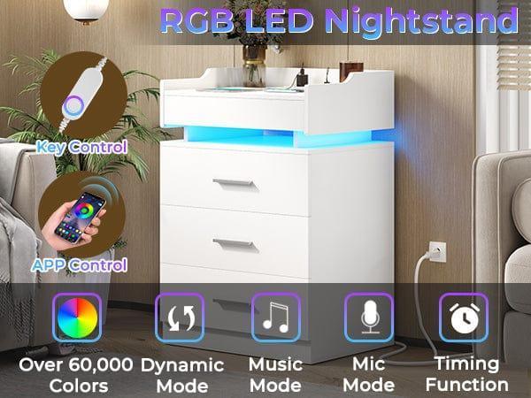 Sikaic LED Nightstand with Charging Station White Bedside Table Bedside Cabinet Lighted Vanity Desk