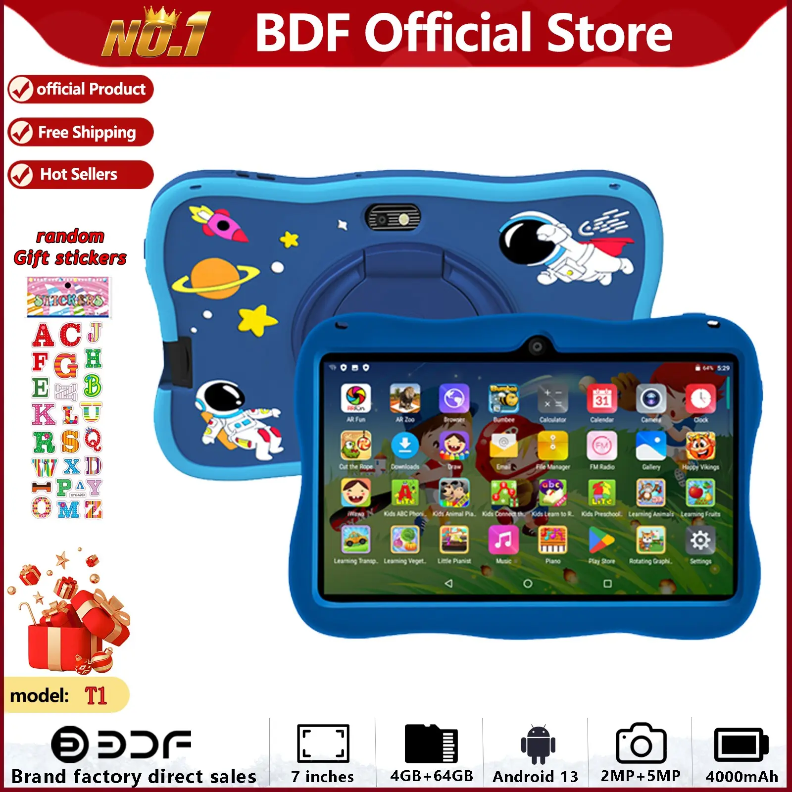 Educational Tablet, 7-Inch Android 13, 4GB RAM 64GB Storage, Quad-Core Processor, HD Screen, Dual Cameras, Long Battery Life
