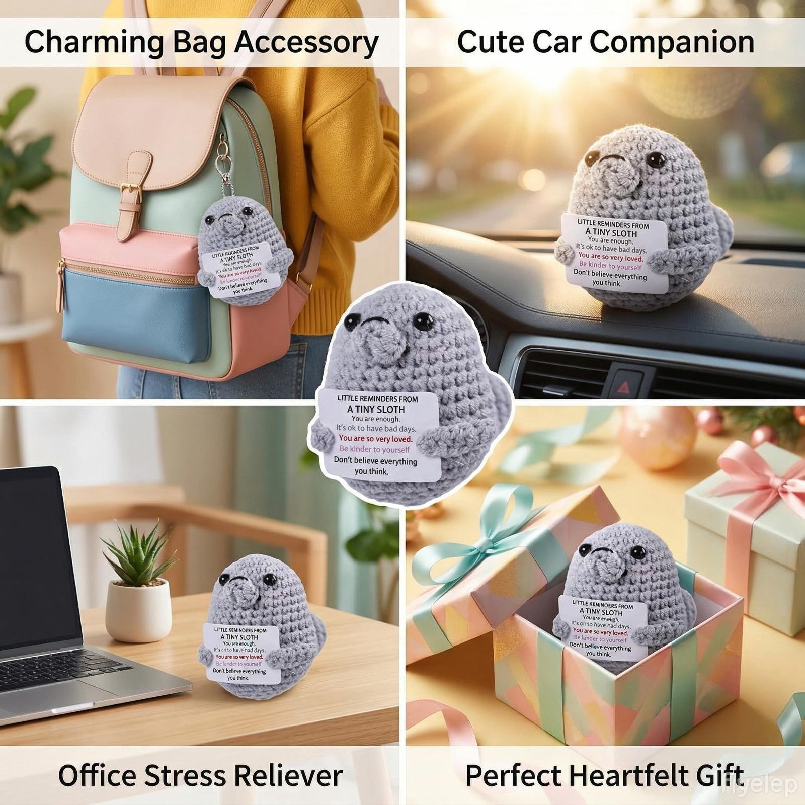 Cute Hand Knitted Sloth Stuffed Animal Plush, Soft Squishy Anxiety Relief Fidget Doll, Mini Keychain Bag Pendant Ornament, Ideal Christmas Valentines Birthday Graduation Gift for Girls Boys Friends, Desk Car Decor Handmade Collectible