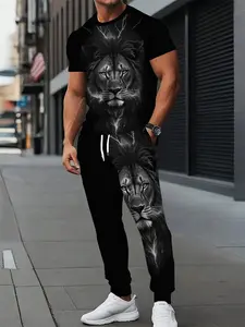 Men's 3D Lion Pattern Sports Set, Casual Sweatshirt and Pants Two-Piece Set, Fashion Streetwear Trendy