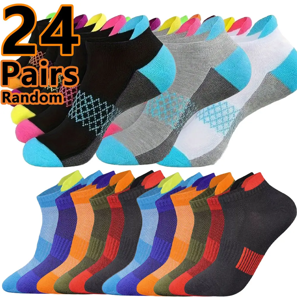 Men's 24-Pair Low-Cut Cushioned Sports Socks, Plain Mixed Random Assorted Colors, Breathable Athletic Socks for Running, Gym Wear