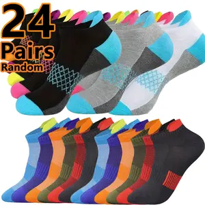 Men's 24-Pair Low-Cut Cushioned Sports Socks, Plain Mixed Random Assorted Colors, Breathable Athletic Socks for Running, Gym Wear