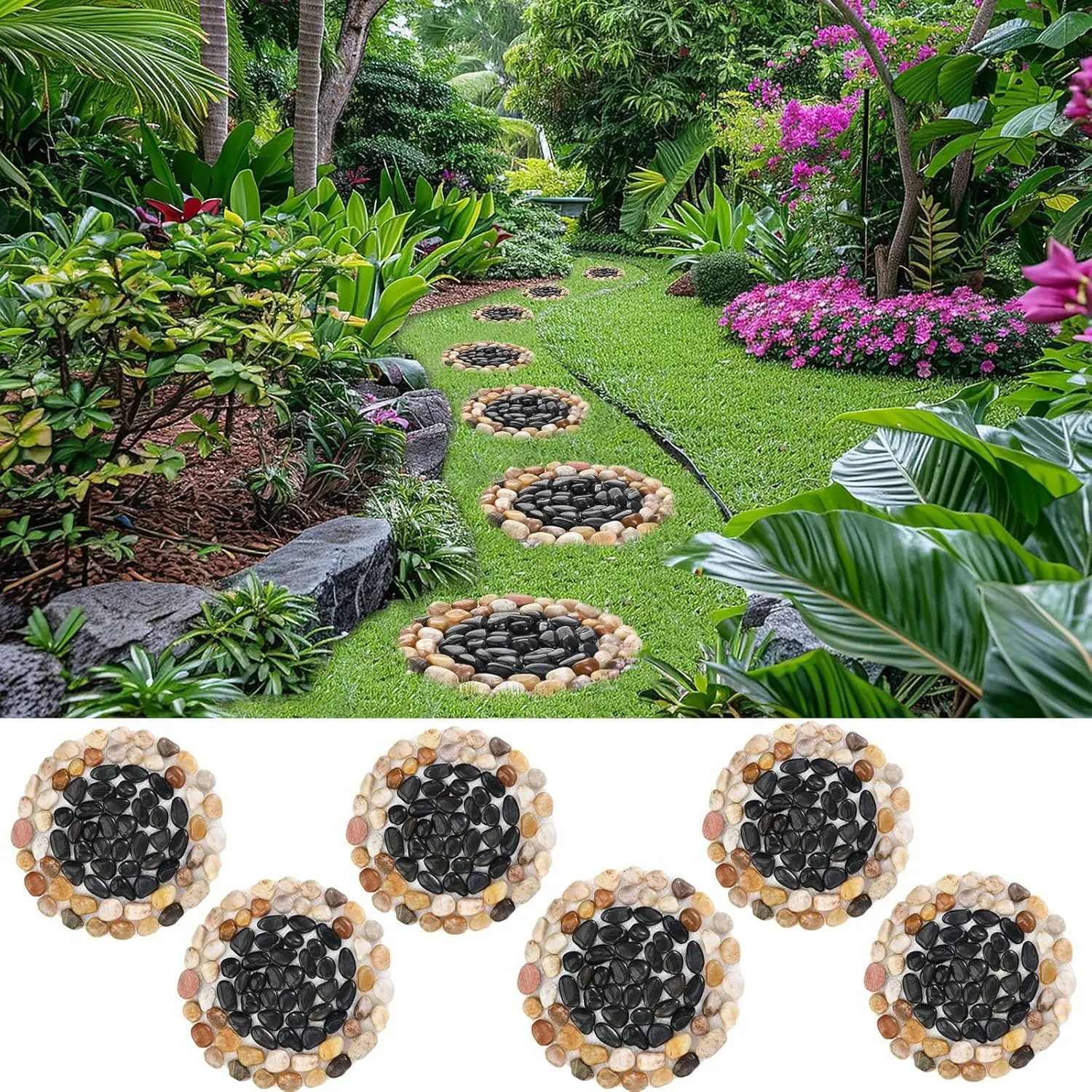 6Pcs 10In Natural Round Polished River Pebble Garden Stepping Stones, Outdoor Decorative Stepping Stones with Black Stones for Garden Patio Walkway