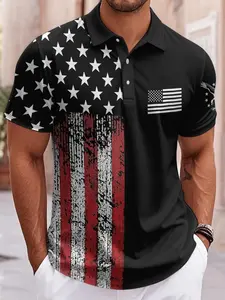 Men's Casual Short Sleeve American Flag Pattern Printed Polo Top, Polyester Fabric, Lightweight Breathable, Fitted, All Seasons Wear, Print Polo Shirt, Breathable Polo Shirts