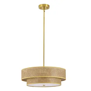 19.7''  Farmhouse Boho Chandelier,4-Light Hand Woven Rattan Pendant Light with Fabric Shade Rustic Drum Chandelier for Dining Room Kitchen Bedroom Foyer Entryway Living Room