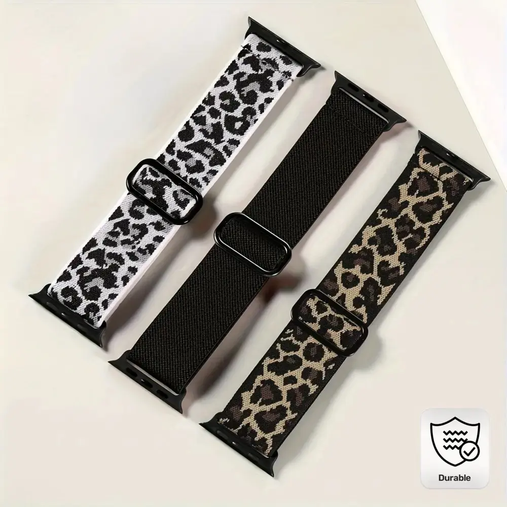 3-Pack Elastic Nylon Smartwatch Straps Adjustable Solo Loop Replacement Bands 38-49mm Compatible with Apple Watch Leopard Solid Colors Sport Braided Belt
