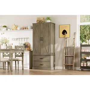 Modern Freestanding Kitchen Pantry Cabinet with Barn Doors - 65" Tall Storage Cupboard with 2 Large Drawers and Adjustable Shelves - Ideal for Living Room, Dining Room, or Food Pantry Organization