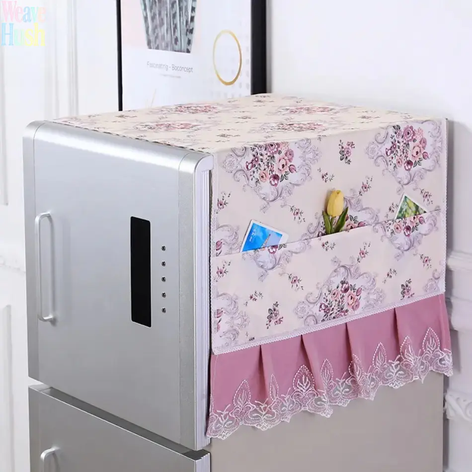 Vintage Floral Lace Ruffle Fridge Top Dust Cover, Multi-Pocket Dustproof Protector, Multipurpose Rectangular Cloth for Single Door Refrigerator, Oven and Washing Machine, Decorative Home Kitchen Organizer Accessory
