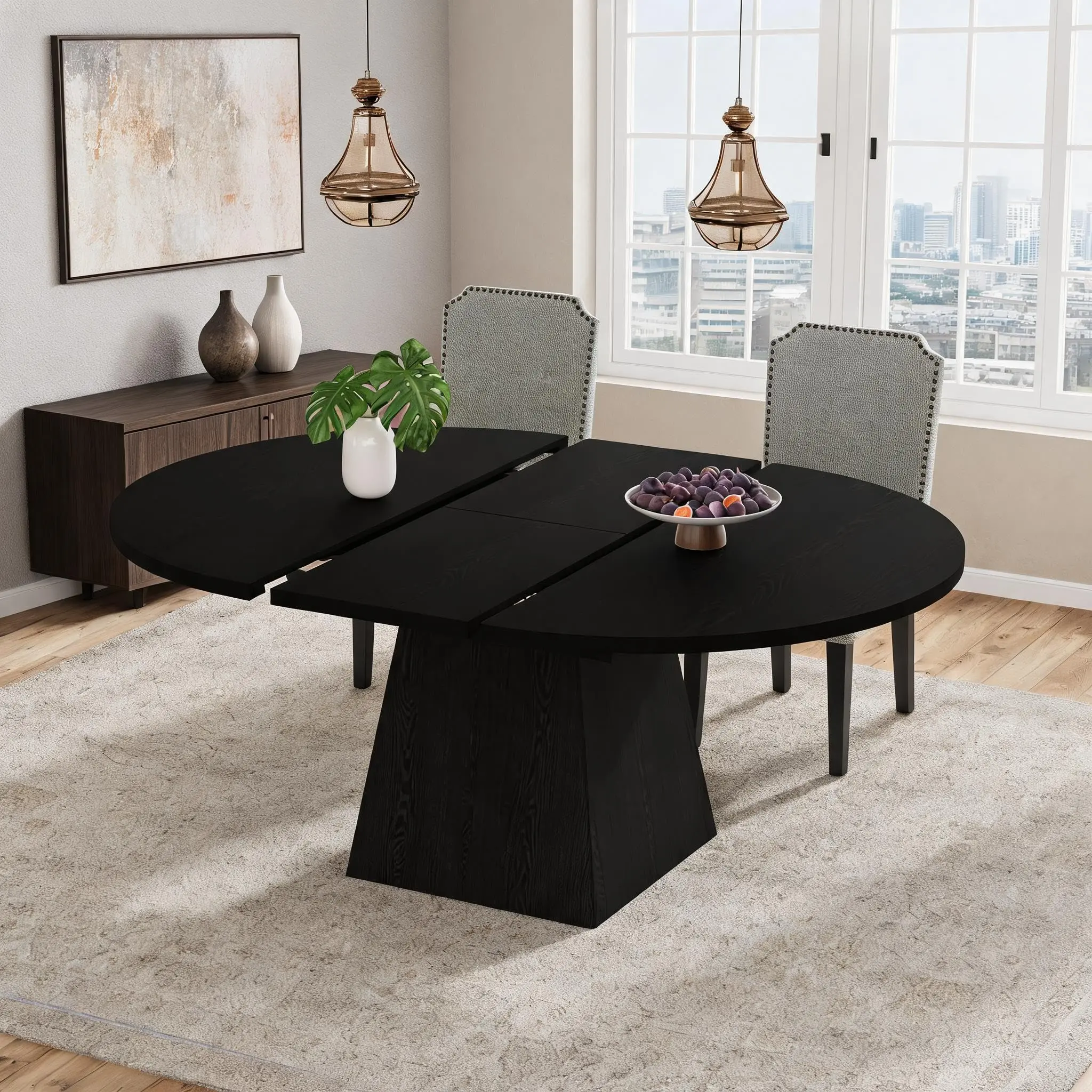 Garvee Round Extendable Dining Table - Adjustable Length 47-160 cm for 4-6 People, Thick-Top Circular Kitchen Table with Square Pedestal Base, Modern Home Decor for Family Meals