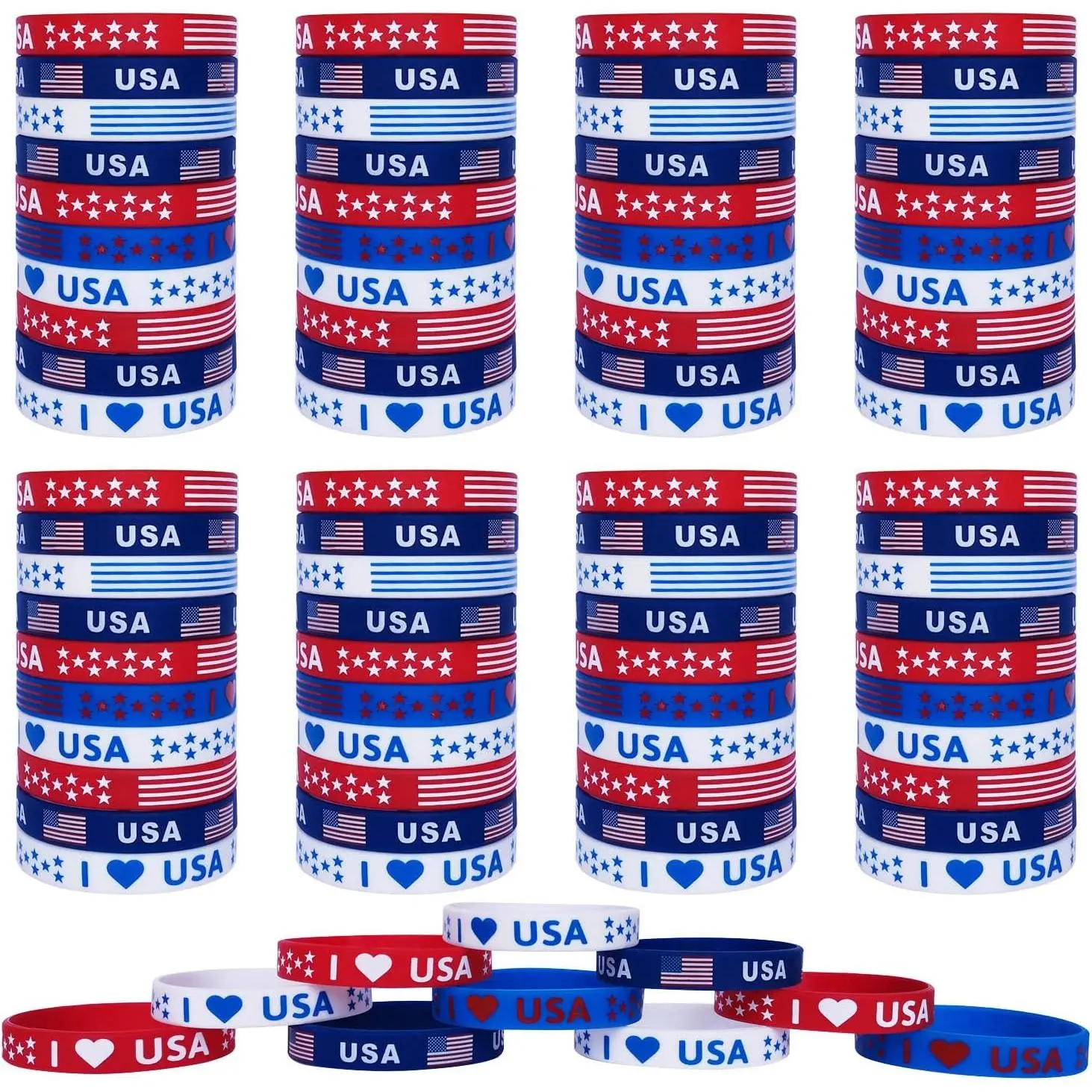 100Pcs American Flag Silicone Bracelets, Fourth 4th of July Party Accessories USA Veterans Day Memorial Day Patriotic Wristband, Red White and Blue Party Favors School Gifts
