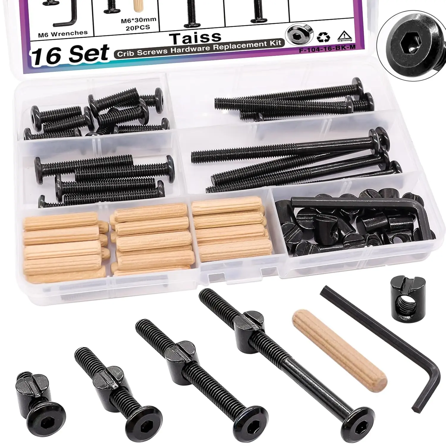 16 Set  Screws M6x20mm/ 40mm/ 60mm/ 80mm  Bed   Hardware  Kit,Hex Socket Cap Screws Bolt,Barrel Nuts&Dowel Pins for Beds Furniture