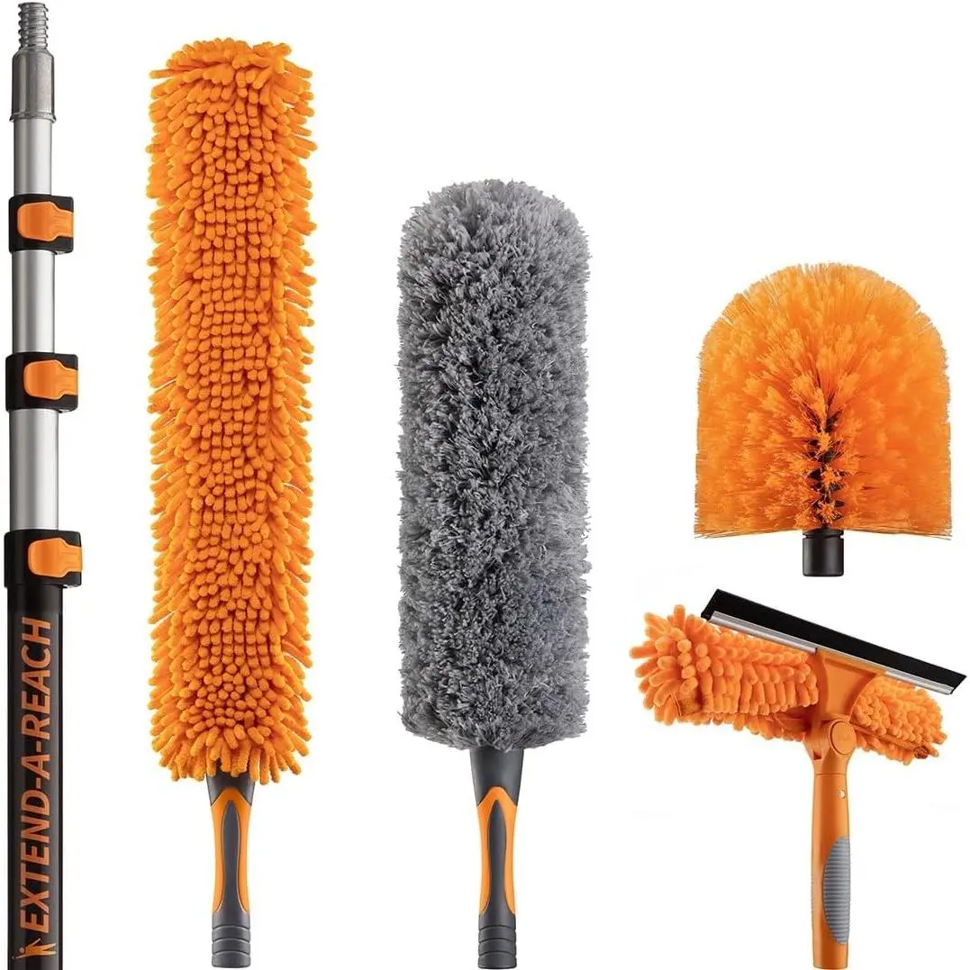 20 Foot High Reach Duster Kit with 4-12 ft Extension Pole High Ceiling Dusting and Window Cleaning Kit with Telescopic Pole Window Washer & Squeegee, Cobweb Duster, Fan Blade and Feather Dusters