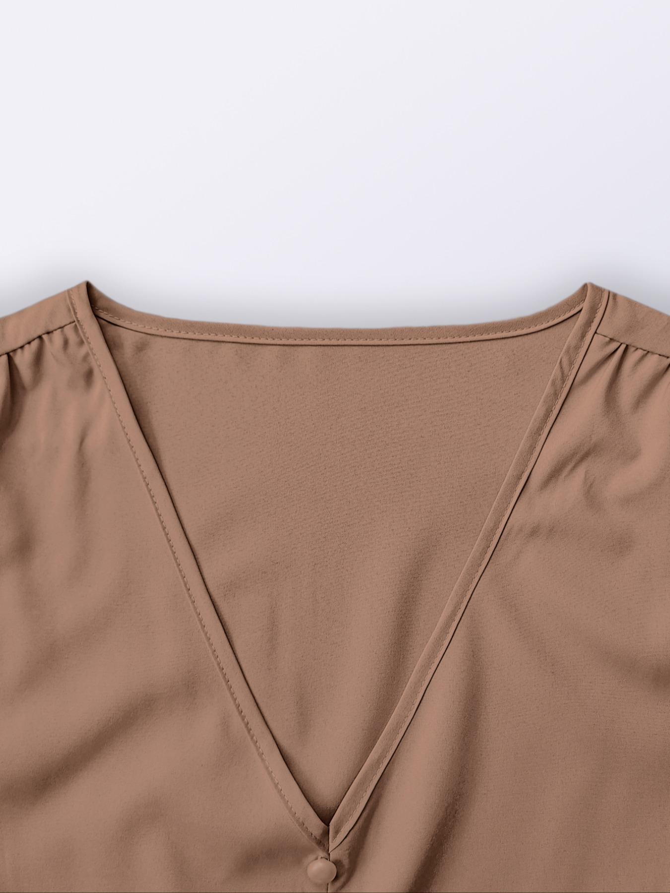 Women's Plain Fake Buttons Belted Pleated Dress, Elegant Chic Bishop Long Sleeve V Neck A Line Dress for Party Wedding Guest, Dresses for Women, Ladies Clothes for Spring & Fall, Birthday Dresses, Womenswear