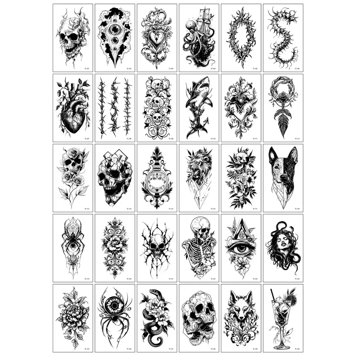 30Pcs Unisex Dark Horror Fake Tattoos, Skull Heart Flower Pattern Waterproof Body Makeup Temporary Stickers
