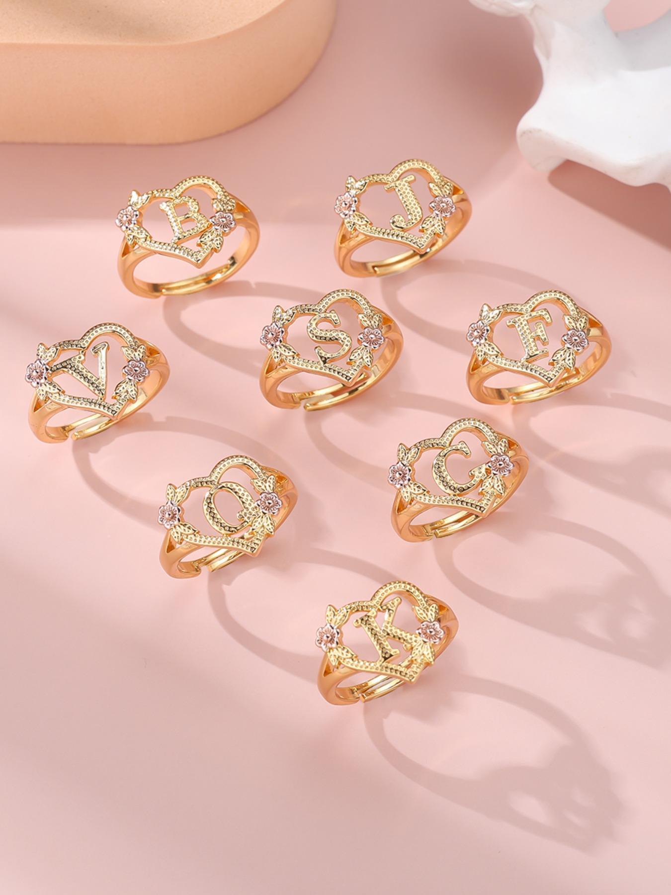 2024 Fashion Flower & Heart Design Ring for Girlfriend, Alphabet Design Ring for Women, Unique Rings Jewelry for Girlfriend for Back To School Fall, Valentine's Day, Statement Ring, Jewelry Gifts, Personalized Jewelry, Adjustable Initial Rings