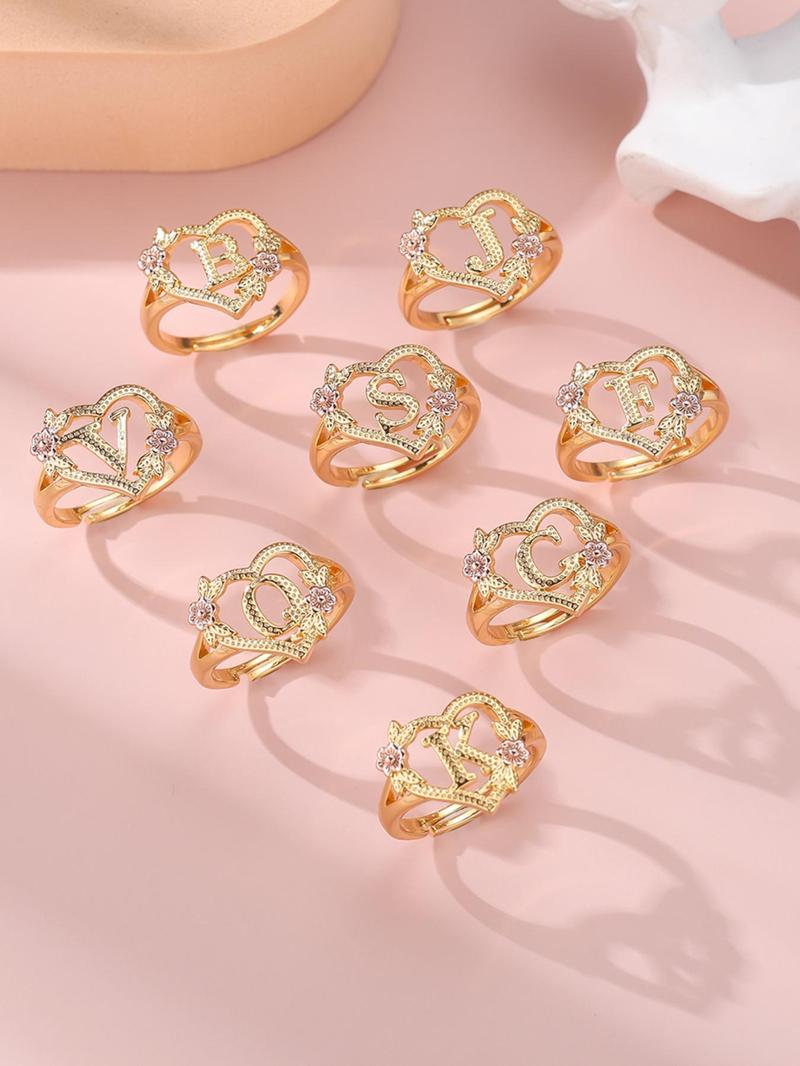 2024 Fashion Flower & Heart Design Ring for Girlfriend, Alphabet Design Ring for Women, Unique Rings Jewelry for Girlfriend for Back To School Fall, Valentine's Day, Statement Ring, Jewelry Gifts, Personalized Jewelry, Adjustable Initial Rings