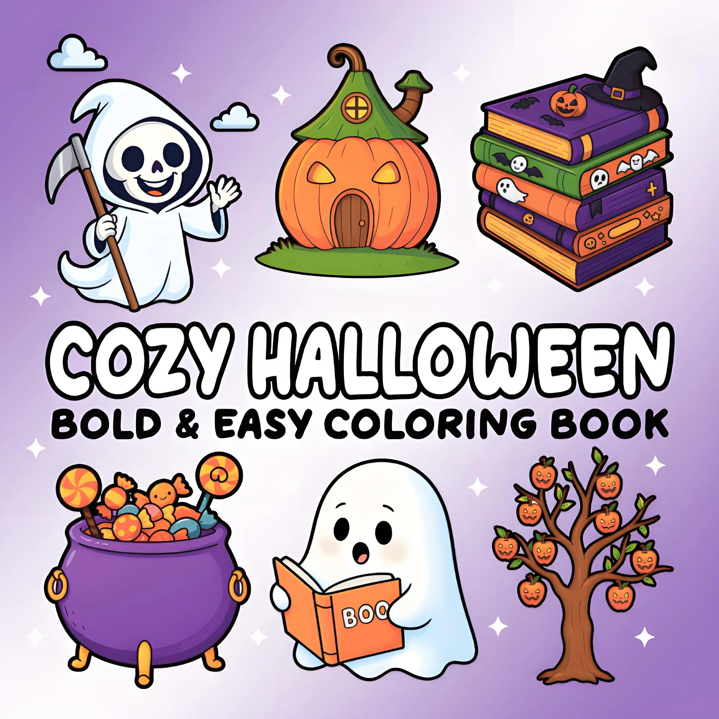Cozy Halloween Bold & Easy Coloring Book, Large Simple Cute Spooky Ghost Pumpkin Witch Cauldron Illustrations, Stress‑Relief Relaxing Coloring Activity Book, Great Halloween Holiday Gift for Adults Teens Kids Coloring Lovers,Back-to-school and holiday gif