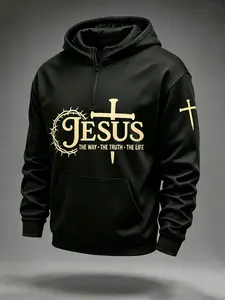 One Men's Half-Zip Hooded Sweatshirt with a Christian Jesus Cross, Thorns, and Crown Print. Soft Fleece Long-Sleeved Sweatshirt with Pockets, Suitable for Everyday Wear, Church Outings, and Casual Street Style.