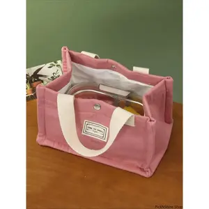 Casual Matching Letter Patch Lunch Bag, Durable Lunch Bag, Large Capacity Picnic Bag, Portable Lunch Bag with Handle, Thermal Lunch Bag