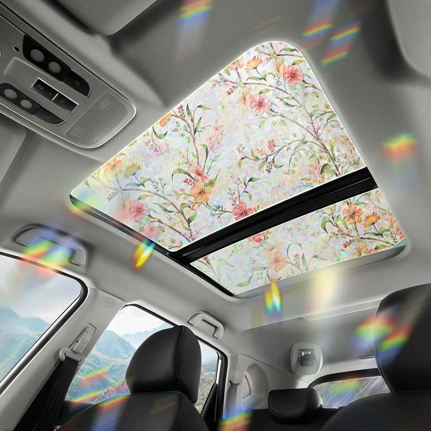 Automotive Floral Pattern Static Cling Sunroof Film, 17.72x35.43in Synthetic Stained Glass Window Film with Sun Protection, Easy Install for Moonroof (Model F815), 17.72X35.43"
