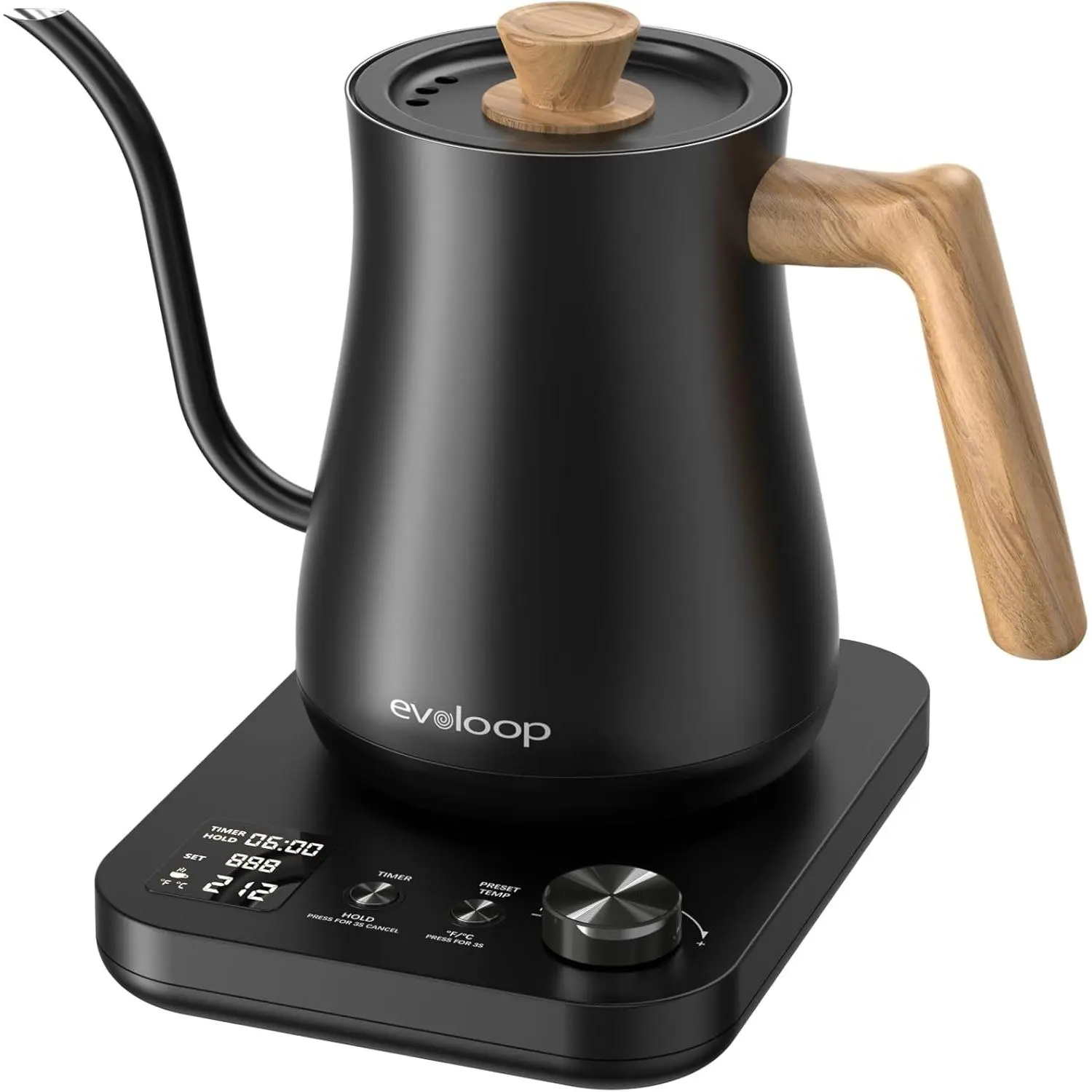 Black Wooden Gooseneck Electric Kettle - 1200W 0.8L, Stainless Steel Inner, ±1°F Control, Quick Heating, Boils Hot Water, for Pour-Over Coffee & Tea Brewing