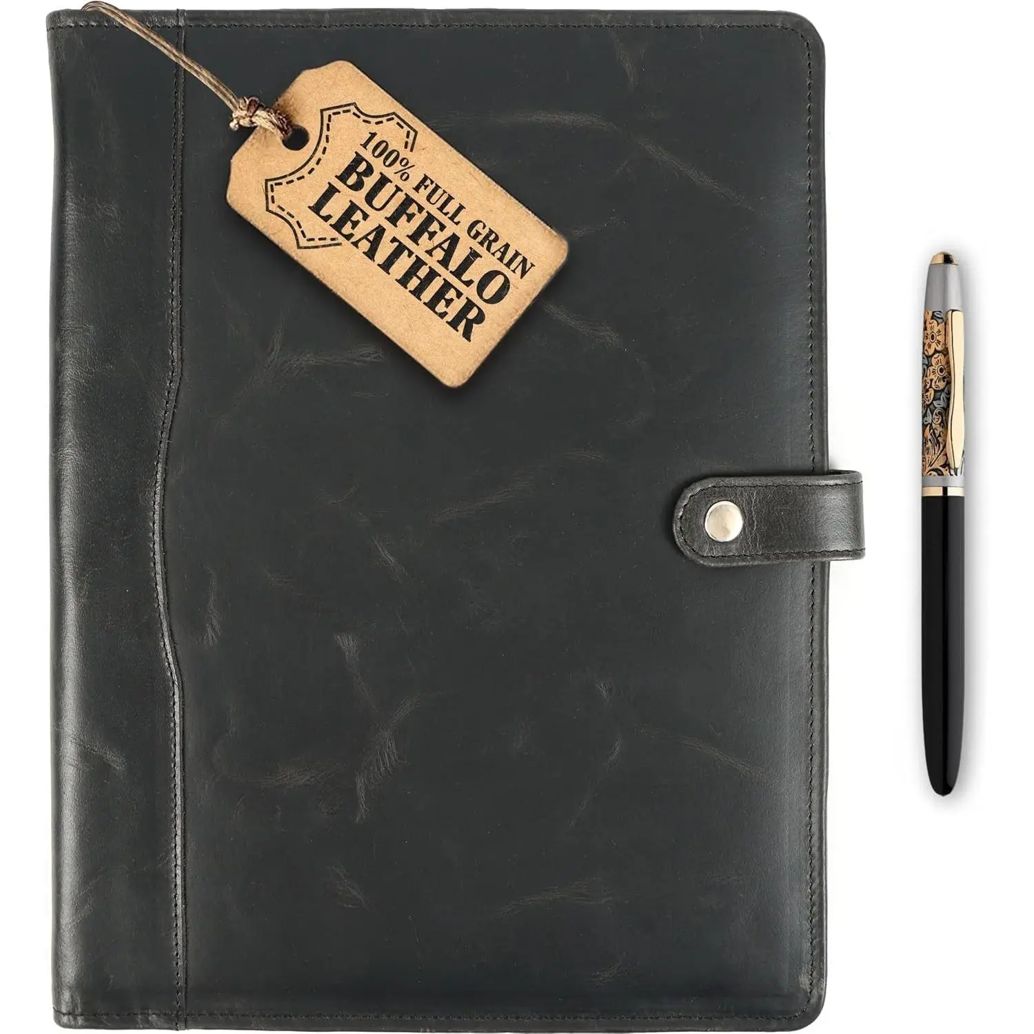 Leather Portfolio, Leather Binder with Pen, Resume Organizer & Padfolio for Men and Women | Business Portfolio with Card Holder & Document Organizer (Black)