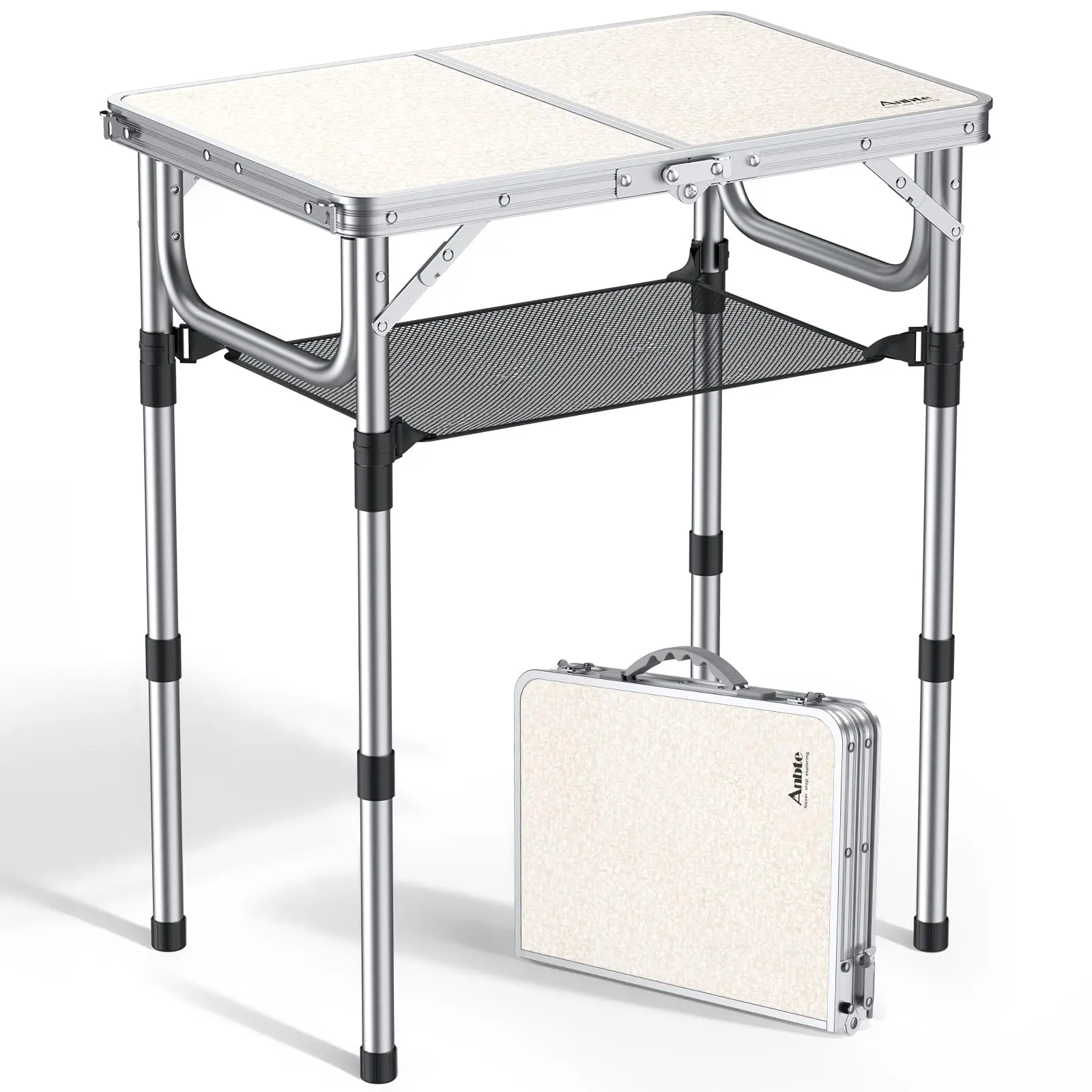 Anbte 3-Height Adjustable Lightweight Folding Camping Table - 24"x16" Aluminum Collapsible Beach Table with Carry Handle, for Campfire/BBQ Party, Outdoor Camping & Hiking Use, Folding Tables, Space Saving Furniture