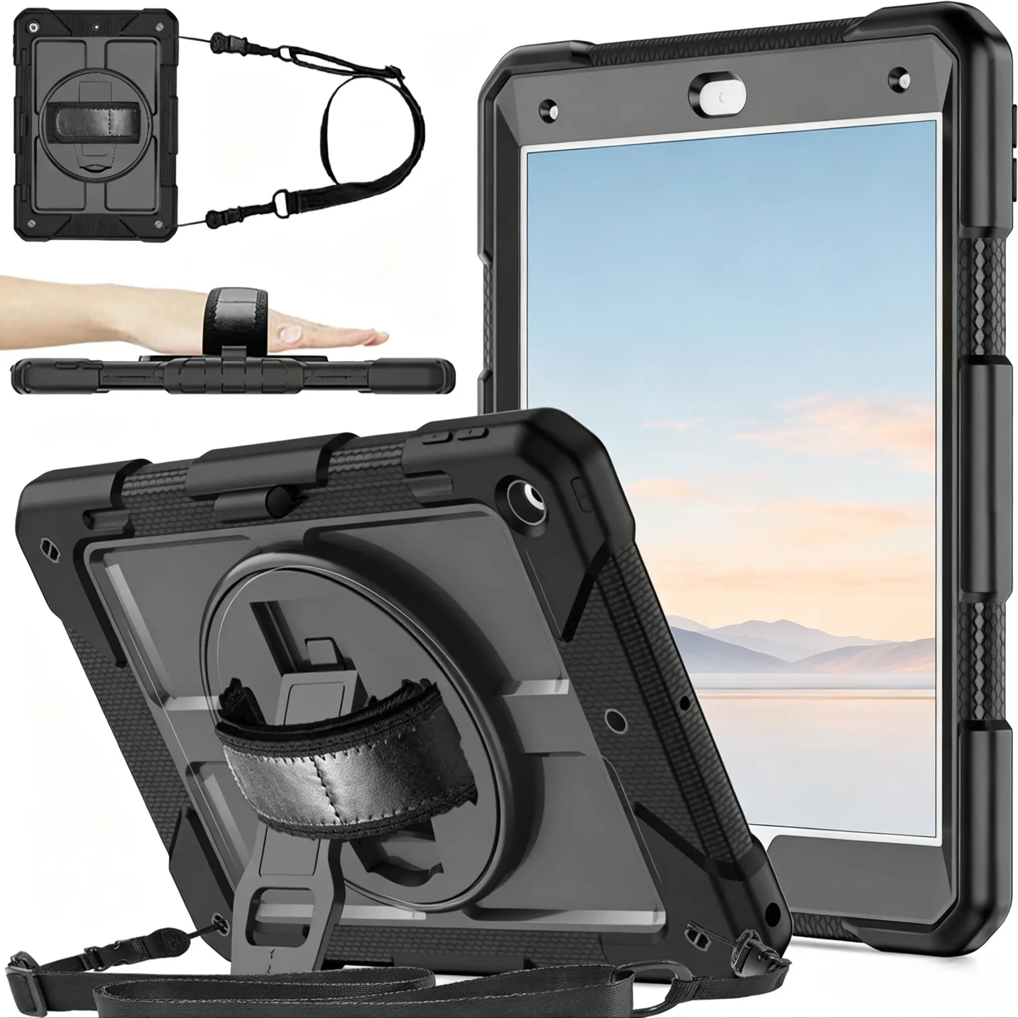 iPad 10.2 Inch 9th/8th/7th Generation Tablet Case, Rotatable Foldable Stand, Shoulder Strap, Handle, Touch Screen Pen, Shockproof Protective Cover