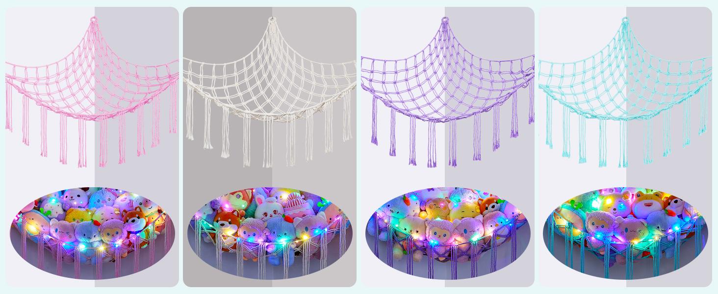 Stuffed Animals Net or Hammock with LED Light, Hanging Stuffed Animals Storage Toy Hammock Net Corner Wall Girls Room Decor Toy Storage Organizer, Purple,
