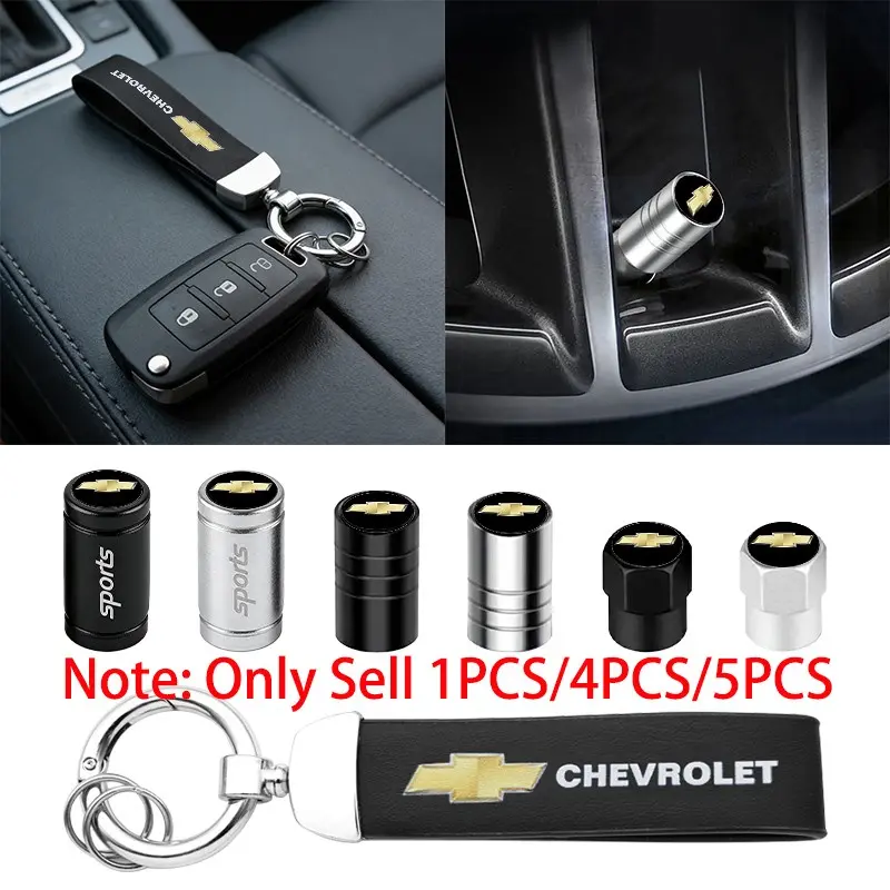 1/4/5Pcs Chevrolet Models Logo Metal Car Wheel Tire Valve Caps Tyre Rim Air Stem Covers Leather Car Keychain Key Ring Car Key Holder For Chevrolet Spark Captiva Cruze Silverado Impala Malibu Trax Aveo Accessories, Car Accessory
