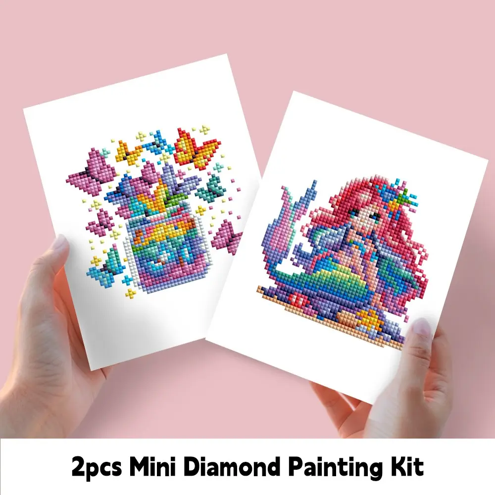 2pcs 5D DIY Mini Diamond Painting Kit, Cartoon Mermaid and Butterfly Bottle Design, Square Diamonds, Beginner-Friendly Home Decor