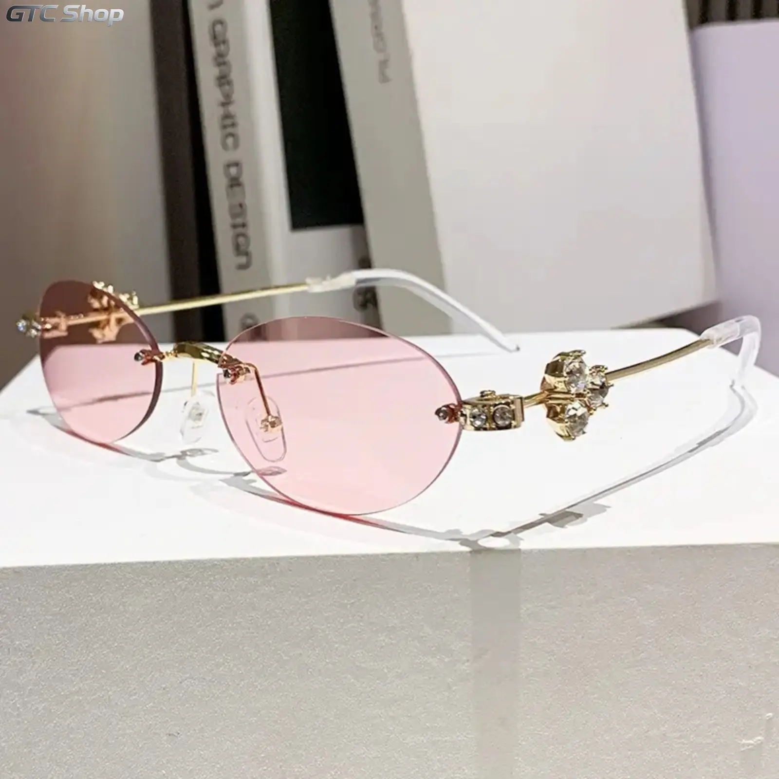 Women’s Rimless Oval Sunglasses, Rhinestone & Pearl Details with UV400 Lenses, Lightweight Metal Frame, Ideal for Events, Photoshoots and All-Season Styling,summerwins