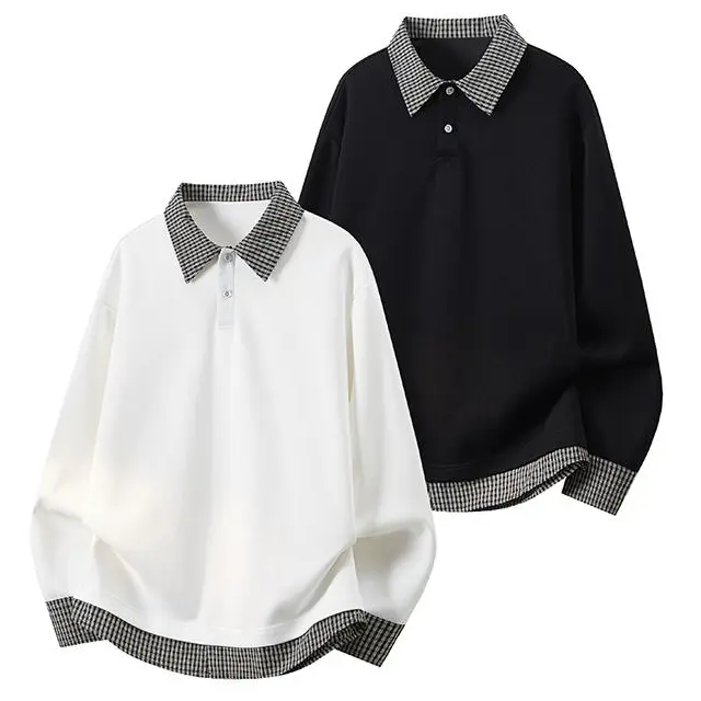 Men's Fake 2-Piece Collared Polo Sweatshirt - Cotton/Poly, Plaid Gingham Trim, Long-Sleeve, Soft, Wrinkle-Resistant, Loose, Breathable, Oversized Pullover with Non-Tight Hem & Button, New Year, Spring/Autumn Office Use, Casual, Fake Two-Piece