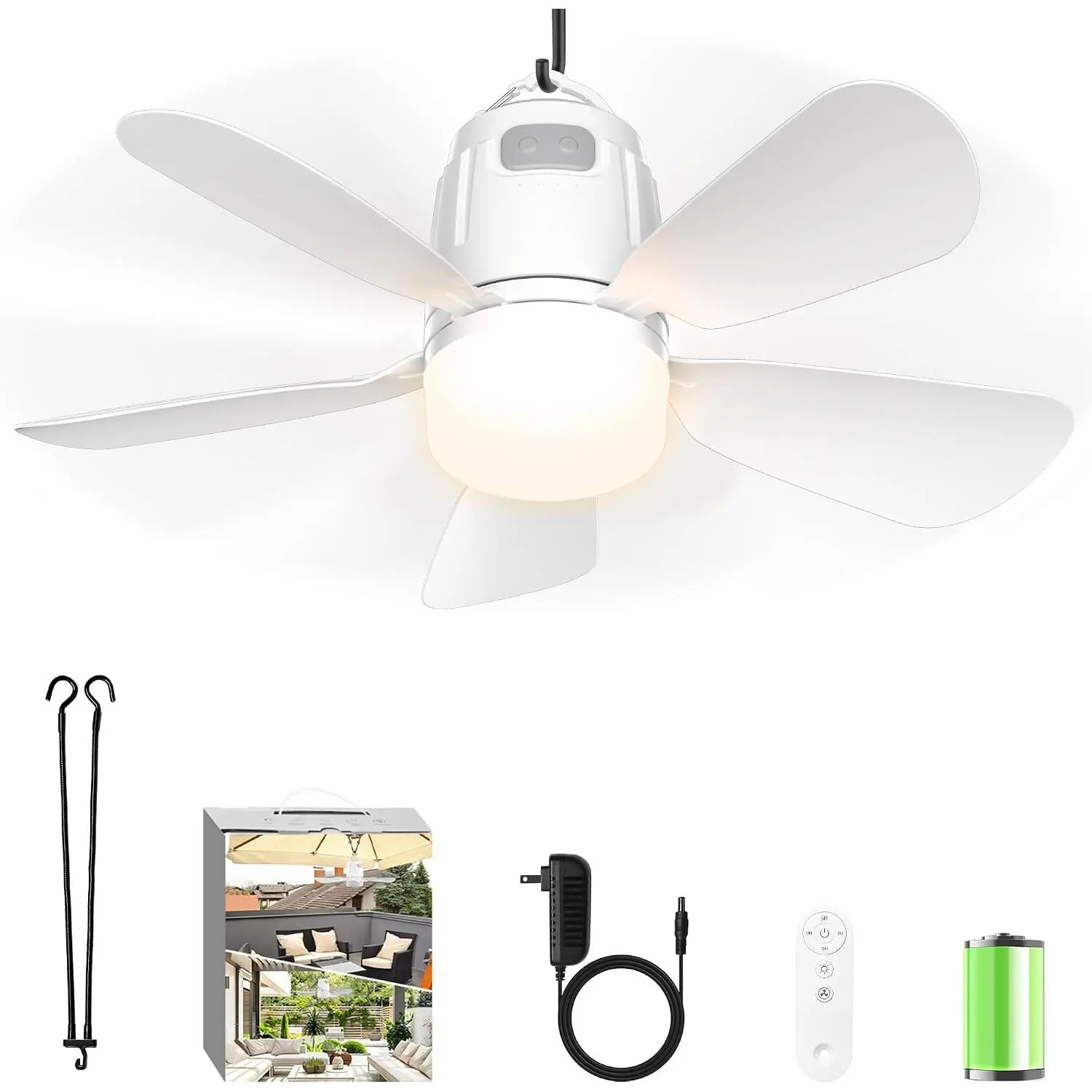 Canopy Fan 20.5'', Portable Outdoor Ceiling Fan with Light with Remote Control and Extension Hook, Easy    Fan Light for Gazebo, Tent, Patio, Camping (20.5 inch)