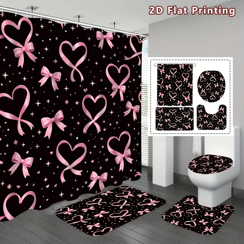 2D Flat 4-Piece Heart-Shaped Bow Shower Curtain Set, black with pink heart-shaped bows for bathroom decor, includes a bath mat, U-shaped mat, toilet seat cover, and shower curtain with hooks—romantic decor and bathroom accessories