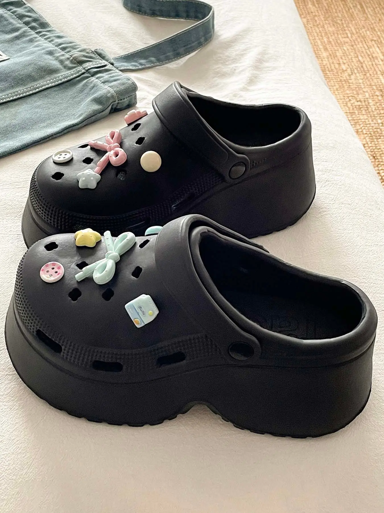 Summer Women's Thick Sole Open Toe Holey Shoes, Soft Breathable Bow Design, Daily Commute Versatile Heel Boost Casual Beach Garden Shoes Slipper Shoes