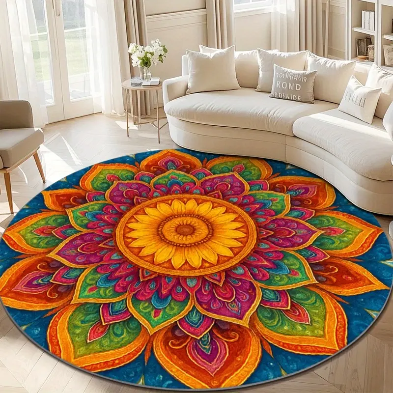1pc, Central Sunflower Motif Mandala Style Colorful Layered Pattern Bohemian Vibrant Style, Flannel Round Floor Mat, Soft Non-Slip Absorbent Circle Bathroom Mat for Bedroom Living Room Home Decor