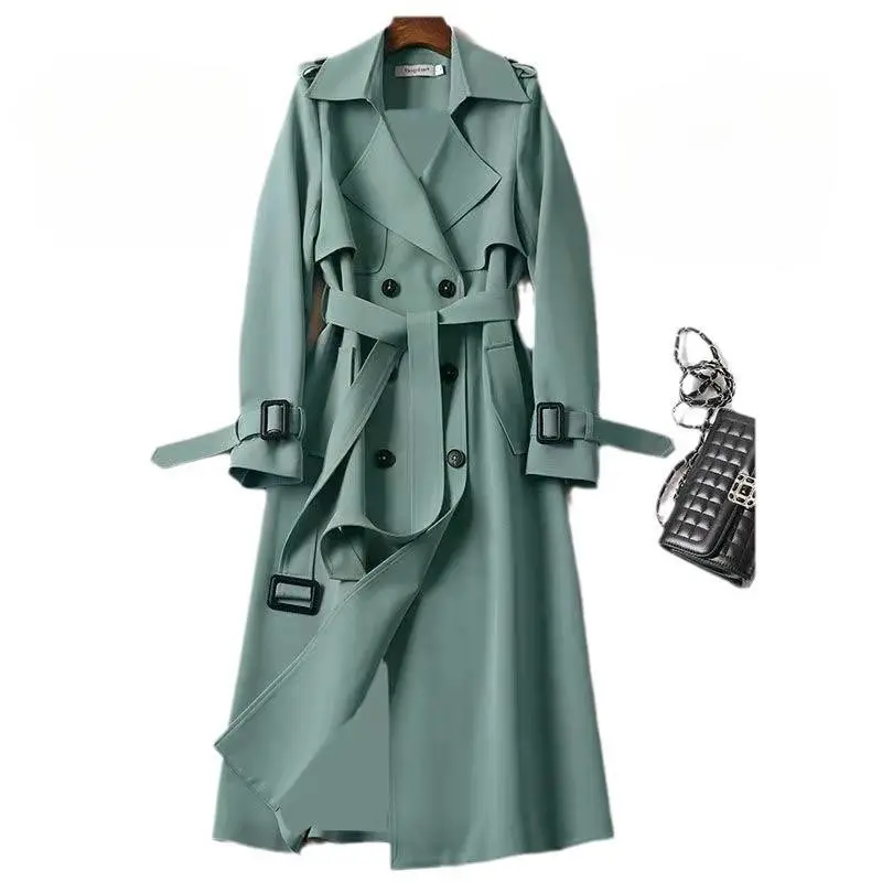 Plus Size Women's Mid-Length Trench Coat 2025 Spring Autumn Over-the-Knee Coat Women's Solid Color Elegant Notched Lapel Double-Breasted Belted Trench Coat Womenswear Jackets Tops Outerwear Black Green Light Style Basic Long Sleeve