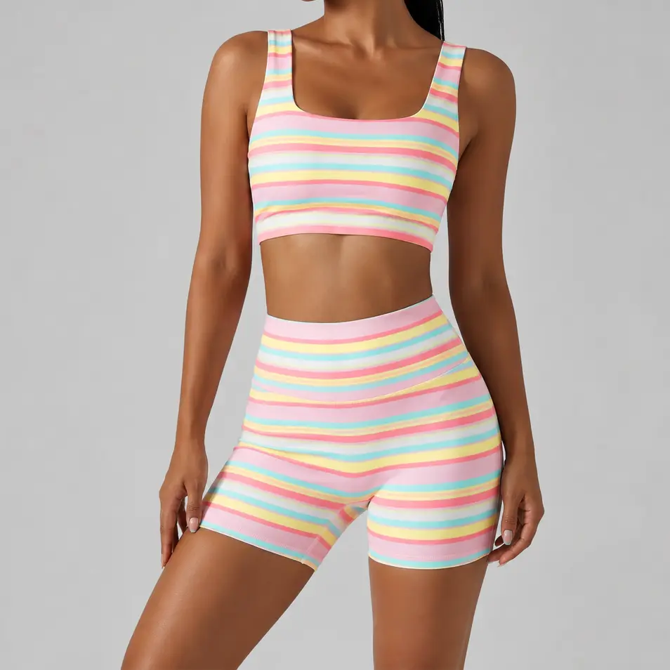 Women’s Rainbow Stripe 2 Piece Workout Set Sleeveless Crop Tank Top High Waist Biker Shorts Matching Lounge Outfit