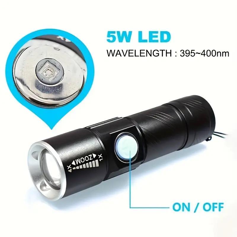 395nm UV Flashlight, 1 Counts USB Rechargeable Zoomable Ultraviolet Light, Pet Cat Moss Urine Detection Light, Outdoor Camping Fishing Light, LED Flashlight