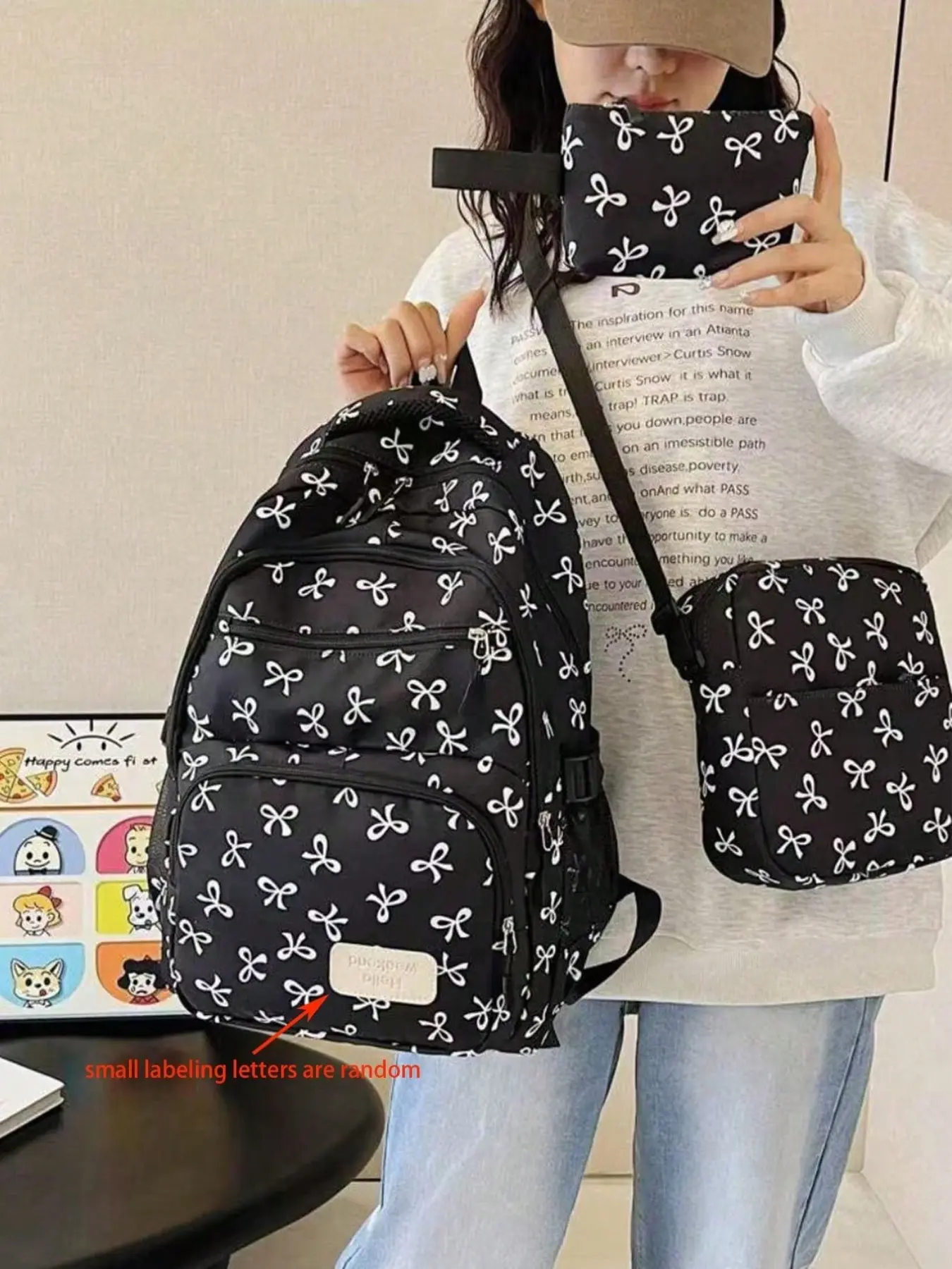 Cute Coquette Aesthetic Large Capacity School Backpack Shoulder Crossbody Bag Pouch Wallet Casual Travel Student Daypack,3Pcs Black White Bow Print Backpack Set Women ,Rucksack With Crossbody Bag & Coin Purse Back-to-School Essential(letters are random)