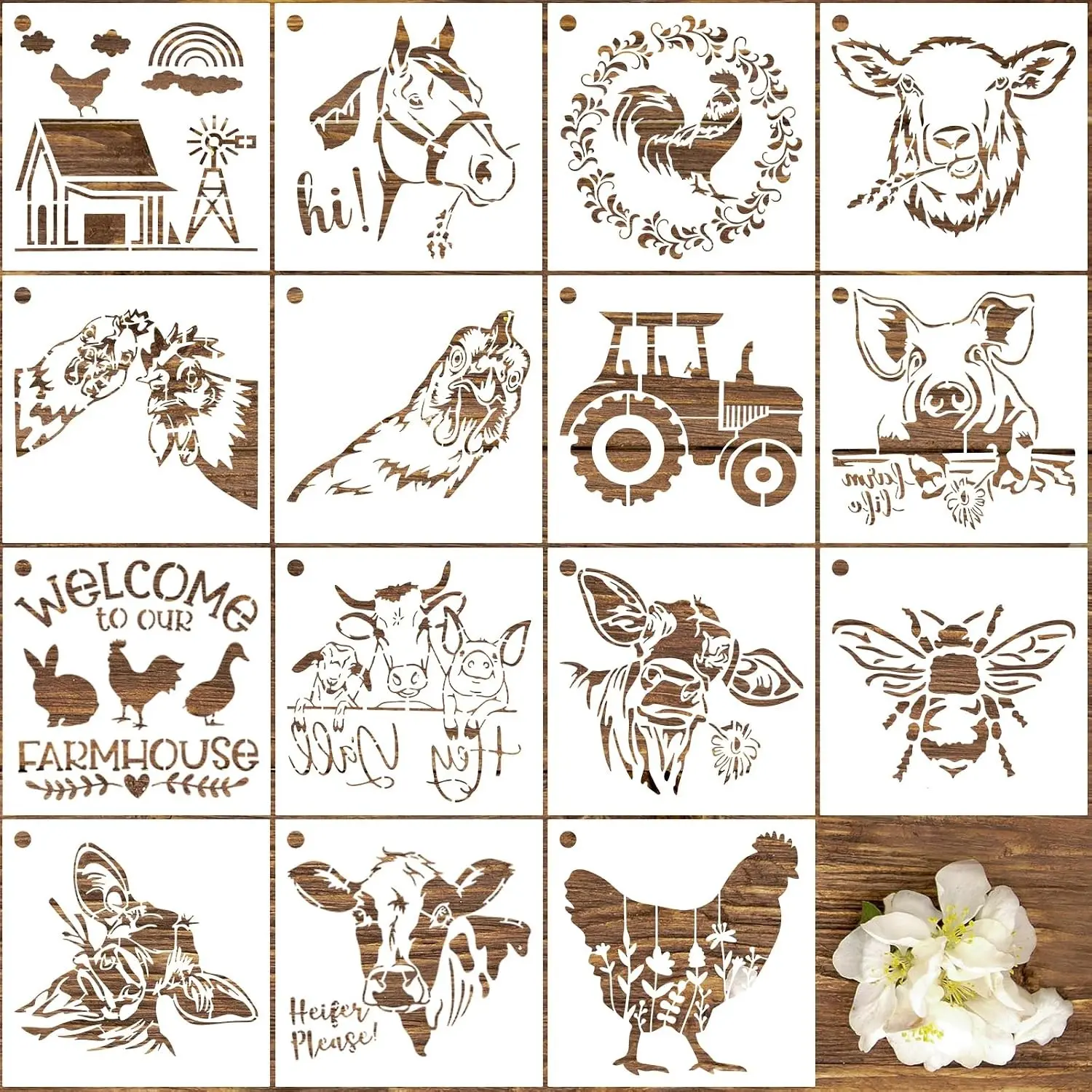 15 PCS 8 Inch Farmhouse Animal Reusable Plastic Stencils, Cow Pig Horse Templates for Painting Wood Burning DIY Crafts Decor for Barn Furniture Wall Fabric