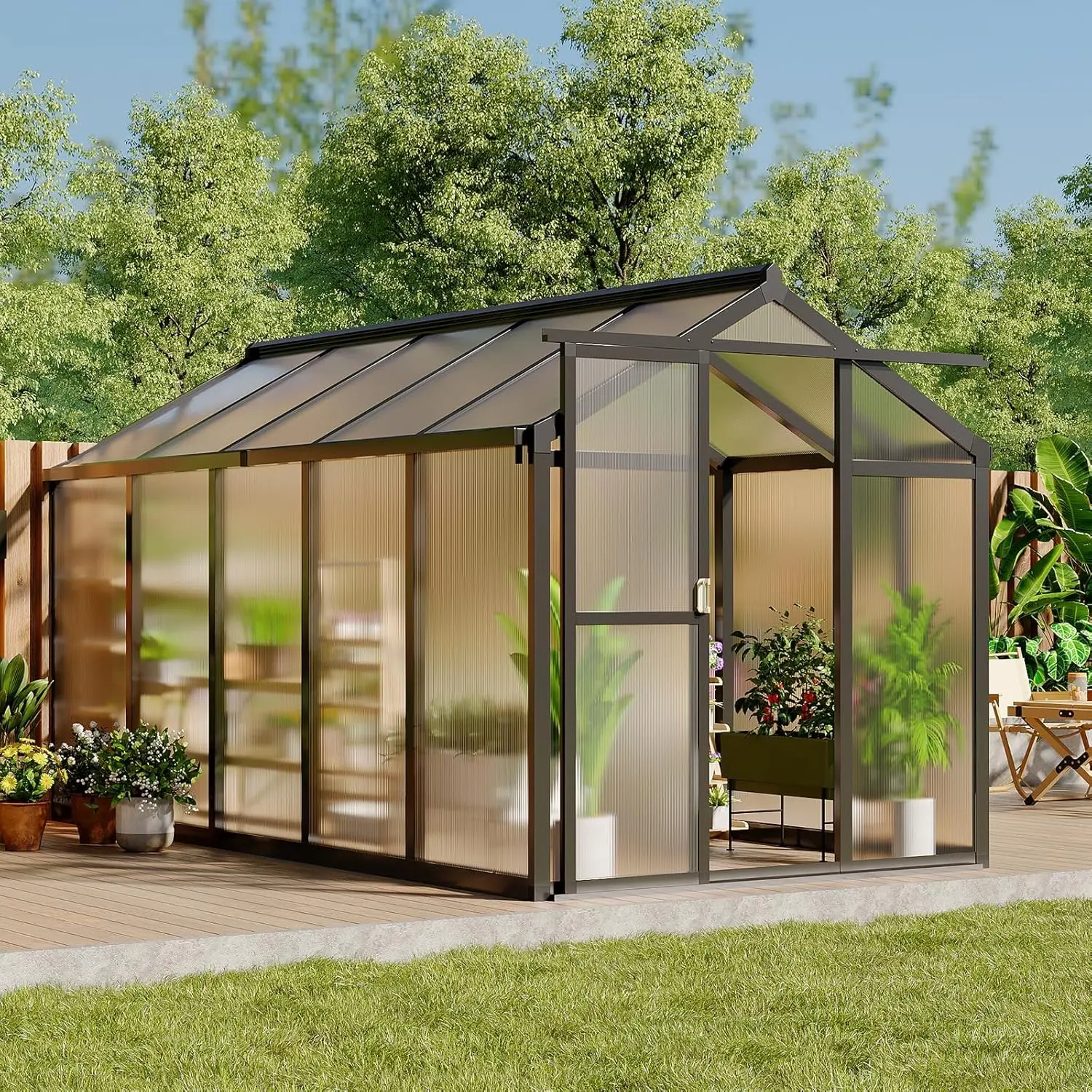 OP-6x10 ft Outdoor Greenhouse, Aluminum Frame Greenhouse with Polycarbonate Panels, Roof Vents and Sliding Door, Black Walk in Greenhouse Kit with Gutter and Ground Anchors