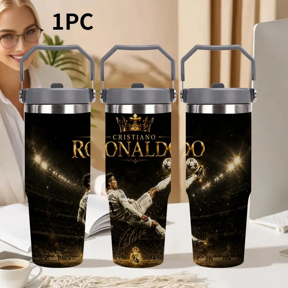 1pc 30oz/20oz Stainless Steel Insulated Water Bottle, Cristiano Ronaldo Pattern Design, Perfect for Car, Outdoor Activities & All Seasons, Ideal Holiday Gift,ideal gift for friends who love football.