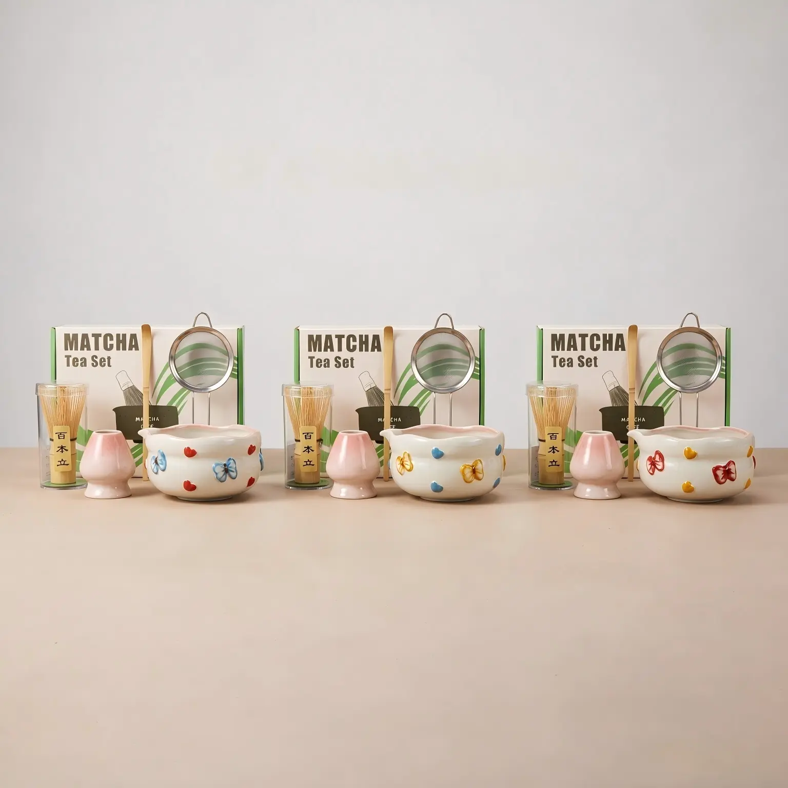 Matcha whisk set, handmade bamboo cup and ceramic bowl matcha kit, complete set of 5 matcha whisks and bowls with stainless steel sieve, bamboo scoop, and matcha tea ceremony stand, Matcha Tool Set, Tea Making Tools