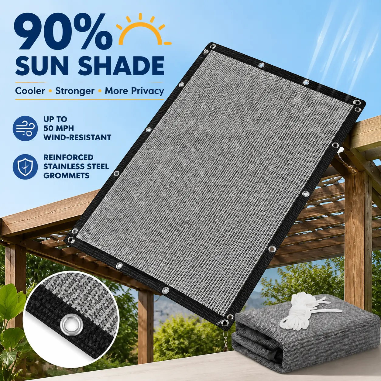 90% Sun Shade Cloth, 3' x 6' Pergola Canopy Cover with Reinforced Stainless Steel Grommets, 50 MPH Wind-Resistant Tarp Privacy Screen for Patio, Backyard, Deck Outdoor Patio Suppli