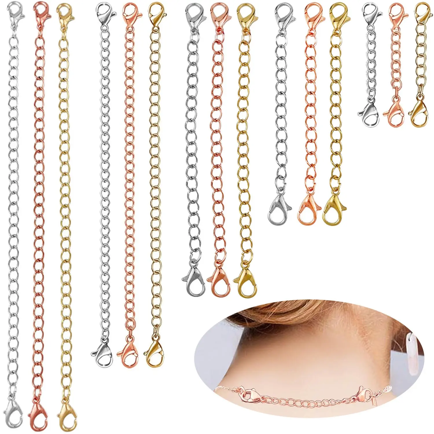 Necklace Extender, 15 PCS Chain Extenders for Necklaces, Premium Stainless Steel Jewelry Bracelet Anklet Necklace Extenders (5 Gold, 5 Silver, 5 Rose Gold), Length:  2" 3" 4" 5" 6", Chain Accessories