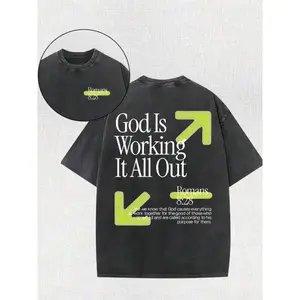 "Romans 8:28 - God Is Working It All Out" Religious Graphic Tee: Vintage - Washed Black Shirt With "God Is Working It All Out" Print, Neon Green Arrows,