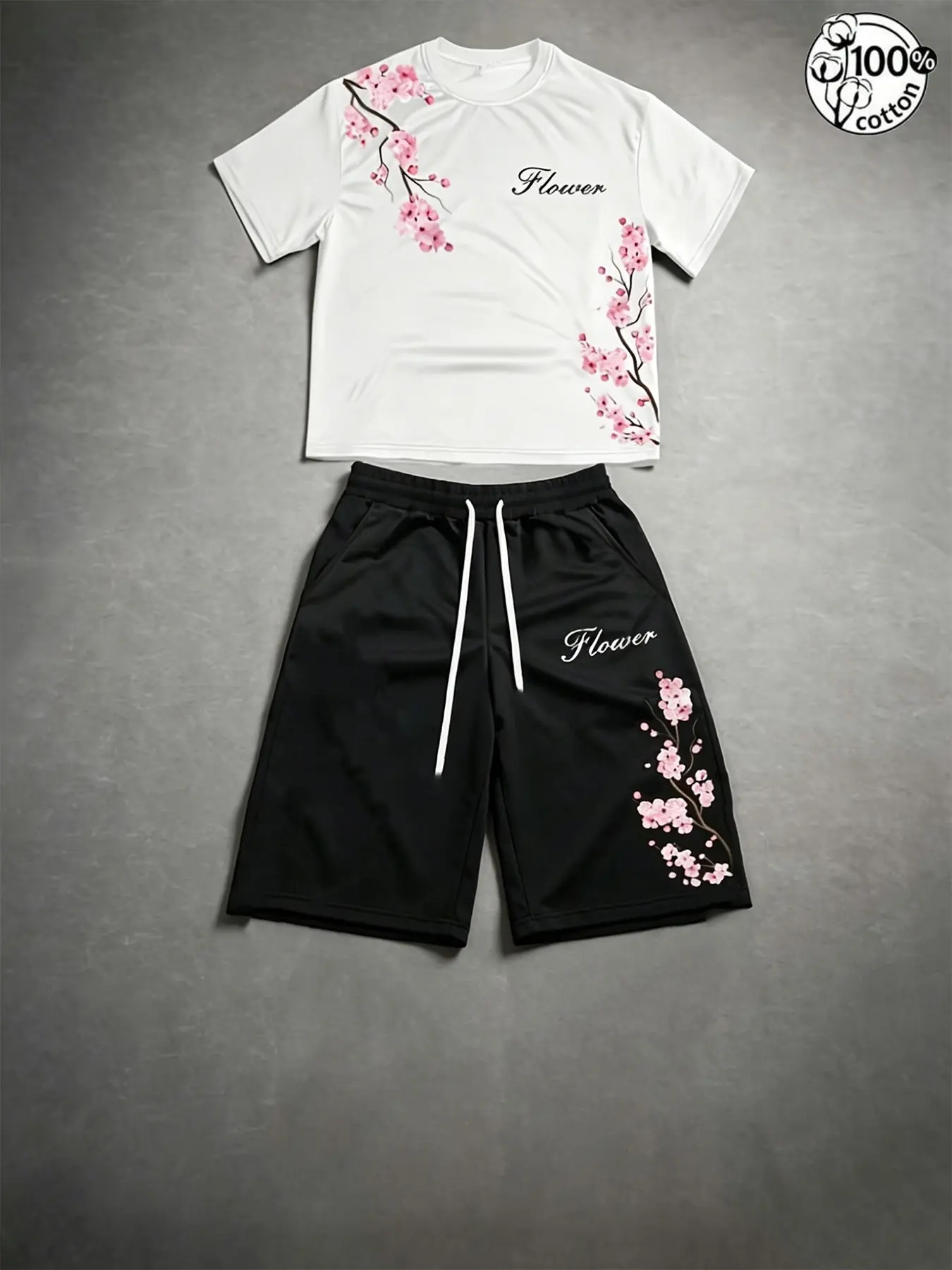Unisex 100% Cotton 2Pcs Matching Set White Cropped Short Sleeve Tee + Black Drawstring Knee Shorts with Coordinated Graphic Ink-Wash Cherry Blossom & Cursive Flower Print Sino-American Casual Activewear Tracksuit