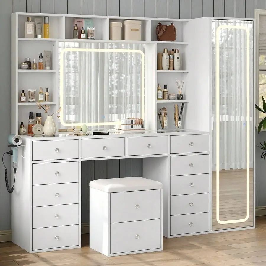 70.87''Vanity Desk With Full-Length & LED Mirror, 14 Drawers, 10 Shelves, Hidden Storage, Power Outlet, Dimmable 3-Color Lighting, White Makeup Vanity For Bedroom